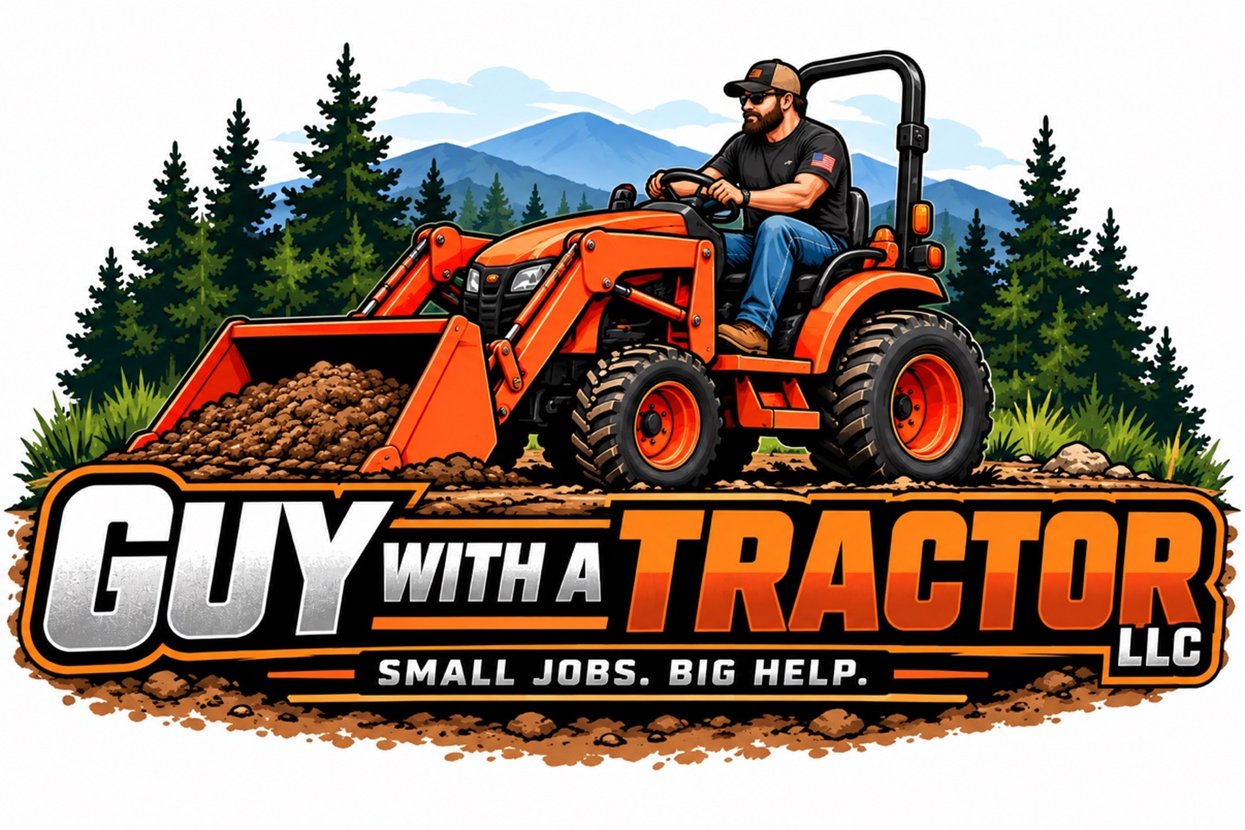 Guy With a Tractor LLC logo — orange compact tractor with the tagline Small Jobs. Big Help.